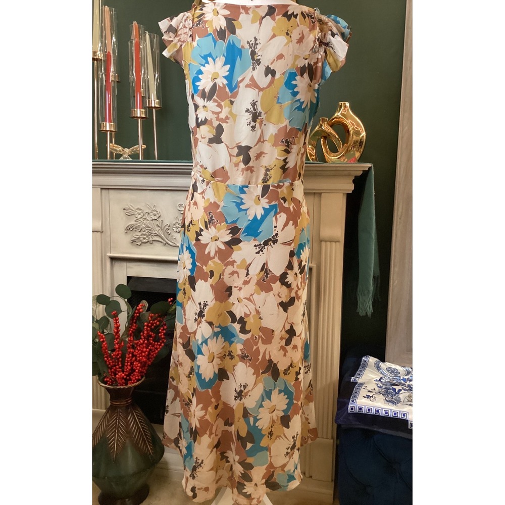 Lauren Ralph Lauren Floral Midi Dress Womens 10 Blue Tan Flutter Sleeve - Picture 3 of 7